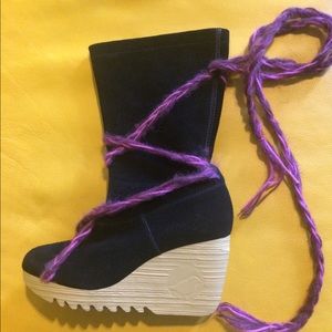 Faryl Robin retro suede/wool lace wedge booties